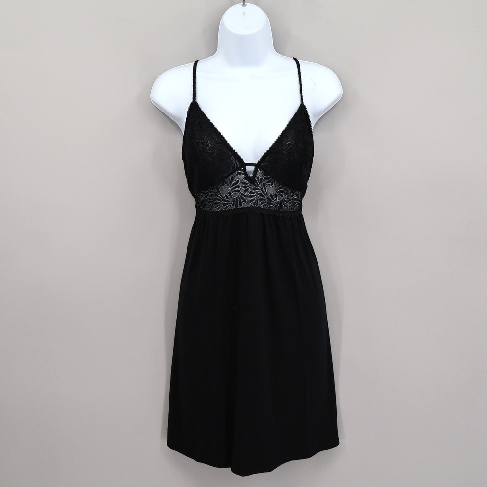 Josie Natori Babydoll Lace Chemise Womens L Black Modal Lingerie Slip Dress Boho